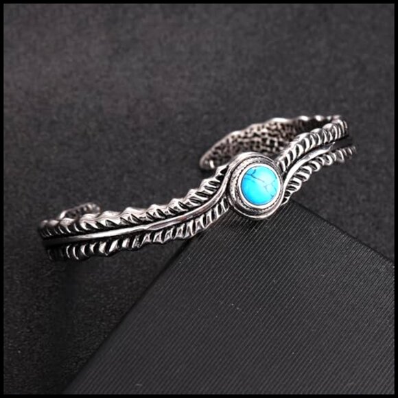 Silver Turquoise Cuff Bracelet Bohemian Vintage Feather Design Stainless Steel - Picture 2 of 5